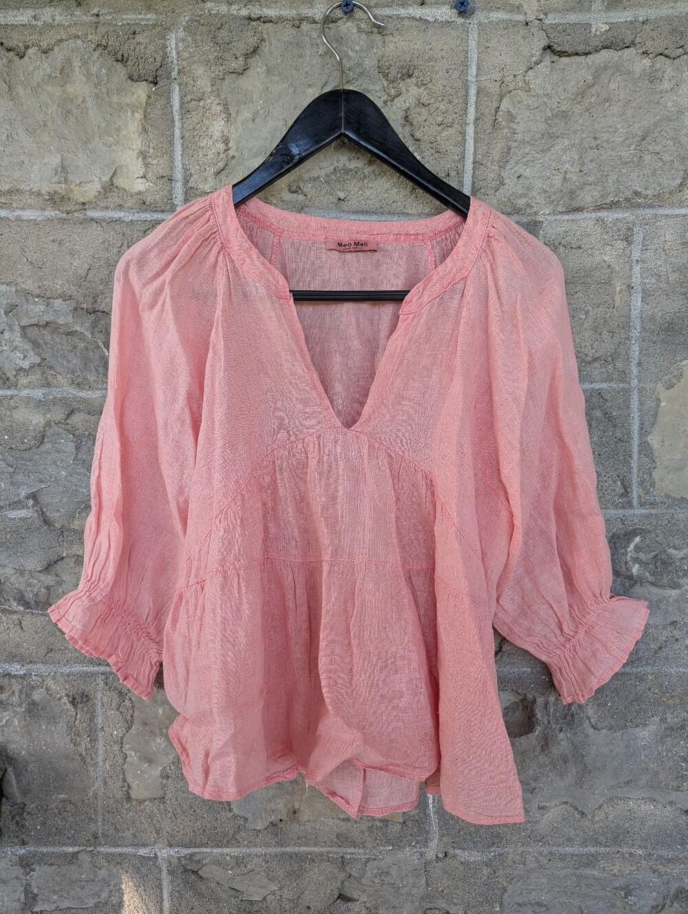 100% Linen Pink Peasant Blouse - Relaxed V-Neck Women's Top Lagenlook Feminine